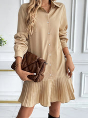 Solid Color Collared Pleated Mini Shirt Dress
