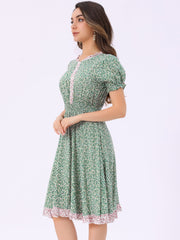 Floral Ruffle Neck Smocked Waist Short Sleeve Midi Dress