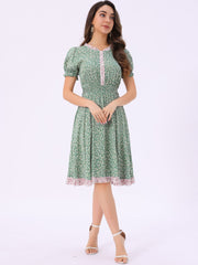 Floral Ruffle Neck Smocked Waist Short Sleeve Midi Dress
