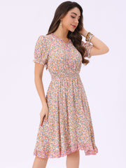 Floral Ruffle Neck Smocked Waist Short Sleeve Midi Dress