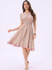 Floral Ruffle Neck Smocked Waist Short Sleeve Midi Dress
