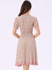 Floral Ruffle Neck Smocked Waist Short Sleeve Midi Dress