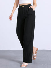 Casual Wide Leg Elastic Waist One Button Pocketed Pants