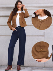 Crew Neck Long Sleeve Button Down Casual Cropped Jacket