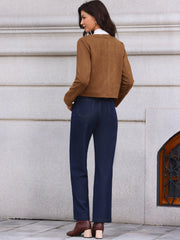 Crew Neck Long Sleeve Button Down Casual Cropped Jacket