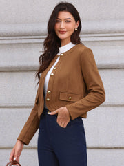 Crew Neck Long Sleeve Button Down Casual Cropped Jacket