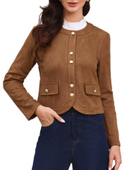 Crew Neck Long Sleeve Button Down Casual Cropped Jacket