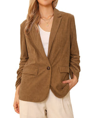 Ruched Sleeve Lapel Pockets Dressy Casual Business Corduroy Blazer