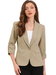 Shawl Lapel Ruched 3/4 Sleeves Pocketed Single Button Office Blazer