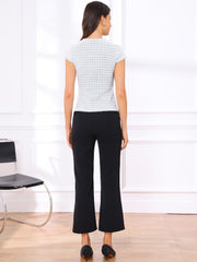 Houndstooth Crew Neck Strenchy Work Office Cap Sleeve Top