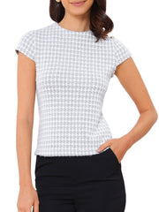 Houndstooth Crew Neck Strenchy Work Office Cap Sleeve Top