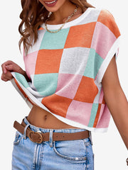 Short Sleeve Colorblock Crew Neck Knit Tops