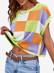 Short Sleeve Colorblock Crew Neck Knit Tops
