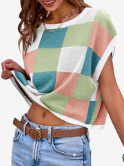 Short Sleeve Colorblock Crew Neck Knit Tops