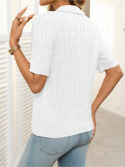 Short Sleeve Lapel Collar Solid Color Knit Tops