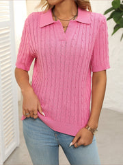 Short Sleeve Lapel Collar Solid Color Knit Tops