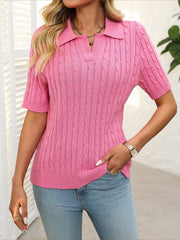 Short Sleeve Lapel Collar Solid Color Knit Tops