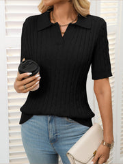 Short Sleeve Lapel Collar Solid Color Knit Tops