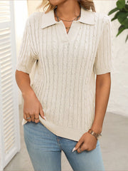 Short Sleeve Lapel Collar Solid Color Knit Tops
