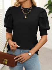 Casual Chic with Ribbed Knit & Relaxed Fit Crew Neck Puff Sleeve Solid Color Knit Tops