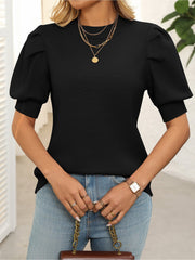 Casual Chic with Ribbed Knit & Relaxed Fit Crew Neck Puff Sleeve Solid Color Knit Tops