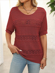 Round Neck Short Sleeve Crochet Knit Tops