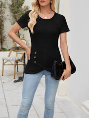 Classic Solid Color Round Neck Timeless Button Front Design Short Sleeve Casual Blouse
