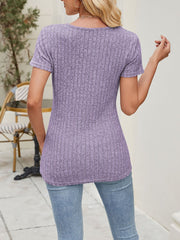 Classic Solid Color Round Neck Timeless Button Front Design Short Sleeve Casual Blouse