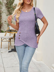 Classic Solid Color Round Neck Timeless Button Front Design Short Sleeve Casual Blouse