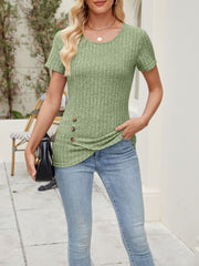 Classic Solid Color Round Neck Timeless Button Front Design Short Sleeve Casual Blouse