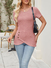 Classic Solid Color Round Neck Timeless Button Front Design Short Sleeve Casual Blouse