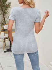 Classic Solid Color Round Neck Timeless Button Front Design Short Sleeve Casual Blouse