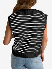 Collared V Neck Knitted Casual Striped Sweater