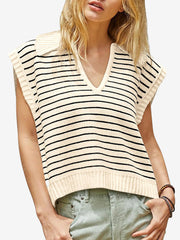 Collared V Neck Knitted Casual Striped Sweater