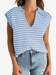 Collared V Neck Knitted Casual Striped Sweater