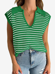 Collared V Neck Knitted Casual Striped Sweater