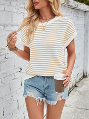 Striped Short Sleeve Round Neck Knitted Sweater