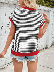 Striped Short Sleeve Round Neck Knitted Sweater