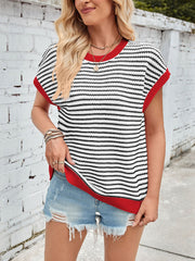 Striped Short Sleeve Round Neck Knitted Sweater