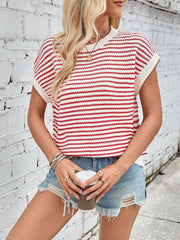 Striped Short Sleeve Round Neck Knitted Sweater