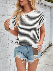 Striped Short Sleeve Round Neck Knitted Sweater