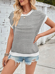 Striped Short Sleeve Round Neck Knitted Sweater