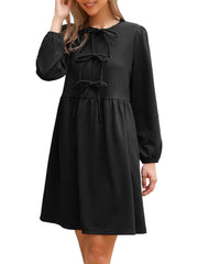 Puff Long Sleeve Bow Tie Front Babydoll Dress