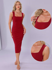Sleeveless Square Neck Ruched Bodycon Party Midi Dress