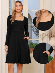 Square Neck Long Sleeve A-Line Pockets Knitted Sweater Dress