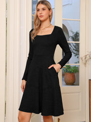 Square Neck Long Sleeve A-Line Pockets Knitted Sweater Dress