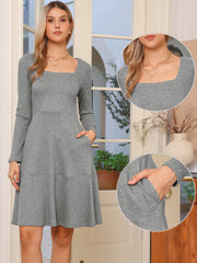 Square Neck Long Sleeve A-Line Pockets Knitted Sweater Dress