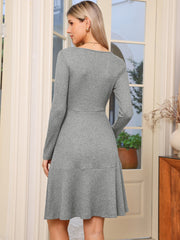 Square Neck Long Sleeve A-Line Pockets Knitted Sweater Dress