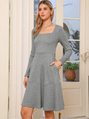 Square Neck Long Sleeve A-Line Pockets Knitted Sweater Dress