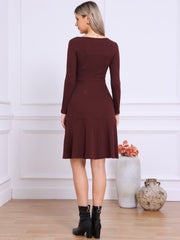 Square Neck Long Sleeve A-Line Pockets Knitted Sweater Dress